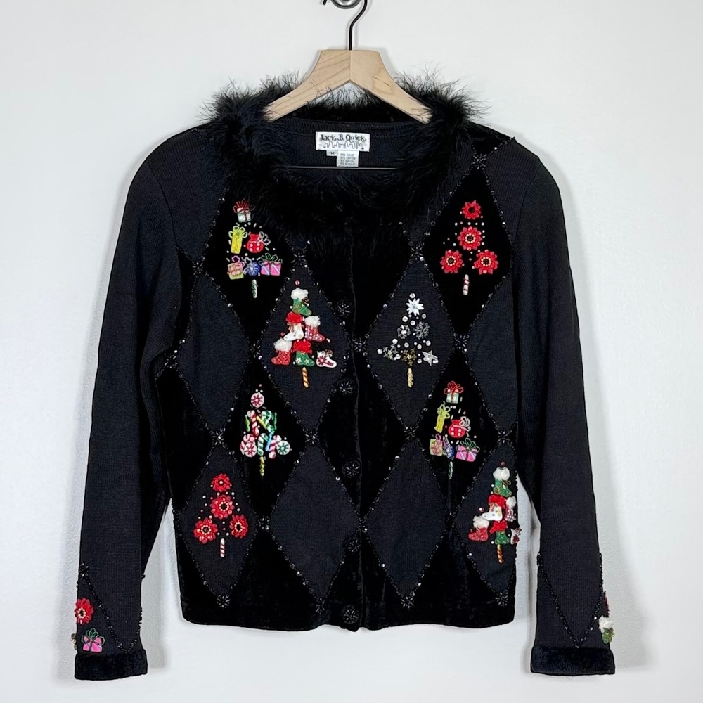 Jack B Quick Womens Vintage 90s Christmas Cardigan M Black Beaded Embellished